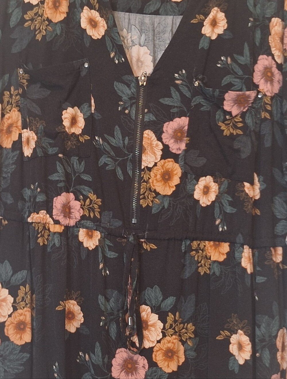 TORRID Floral Challis Zip Front Shirt Dress Knee Length Pockets Black Peach 1X - Picture 5 of 16